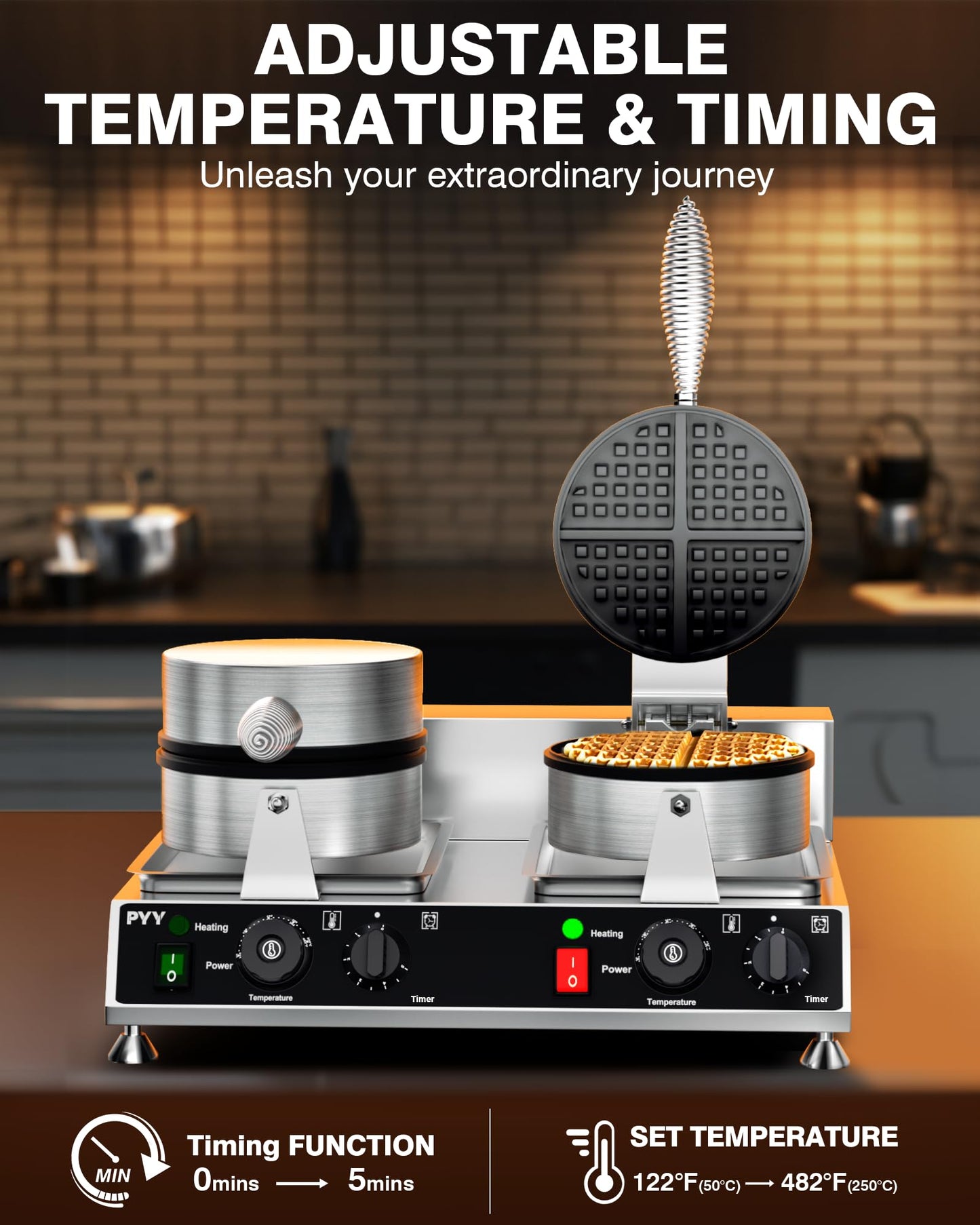 PYY Commercial Waffle Maker - Double Waffle Maker Large Stainless Steel Waffle Maker, Non-stick Electric Chaffle Maker for Restaurant Party Food Stall, 2500W