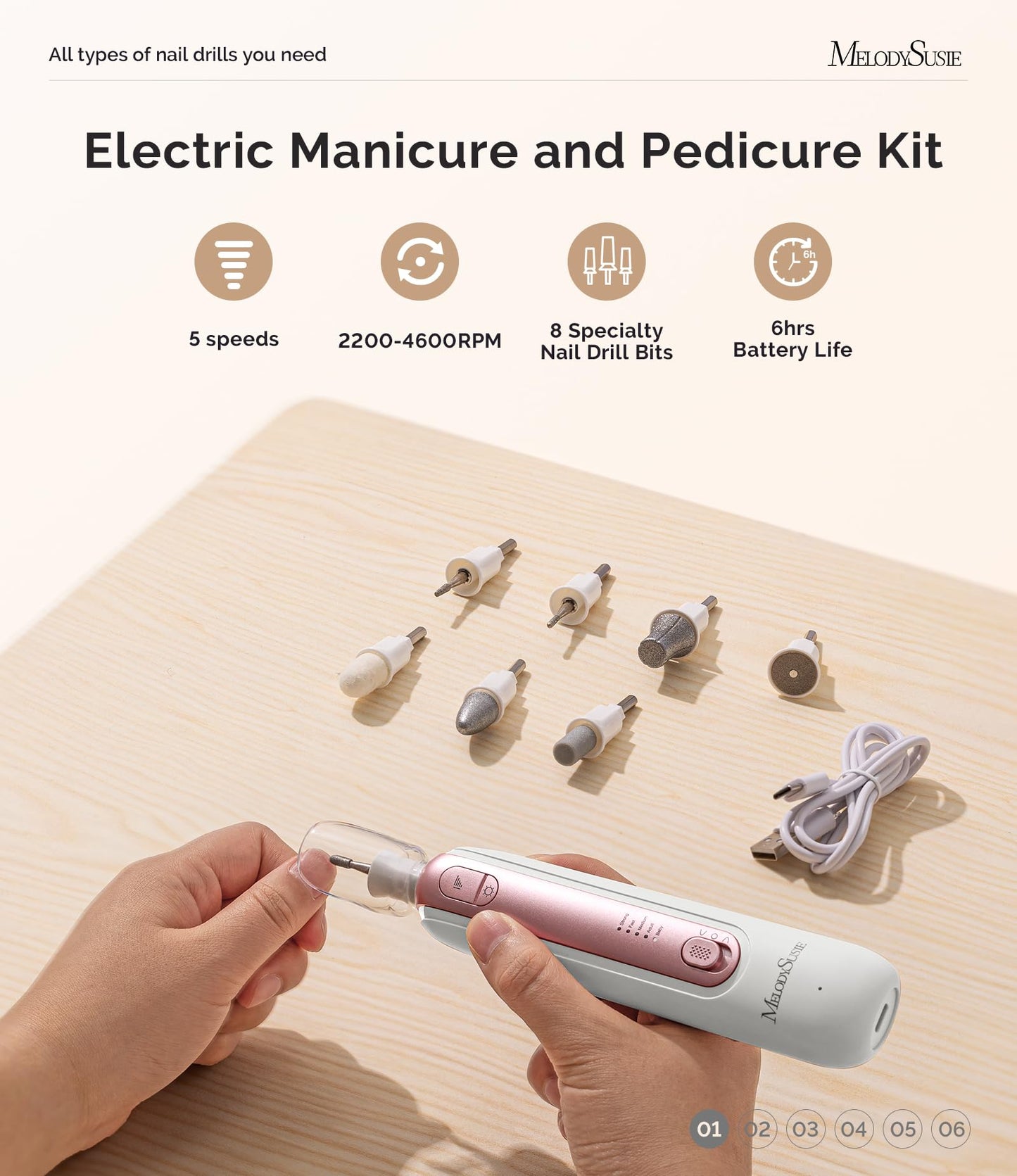 MelodySusie Cordless Pedicure & Manicure Nail Drill Kit, PC760G for Salon-Quality Foot Care for Home & Travel, Rechargeable with 5 Speeds, 8-in-1 Bits, 360° LED Light & Anti-Dust Shield