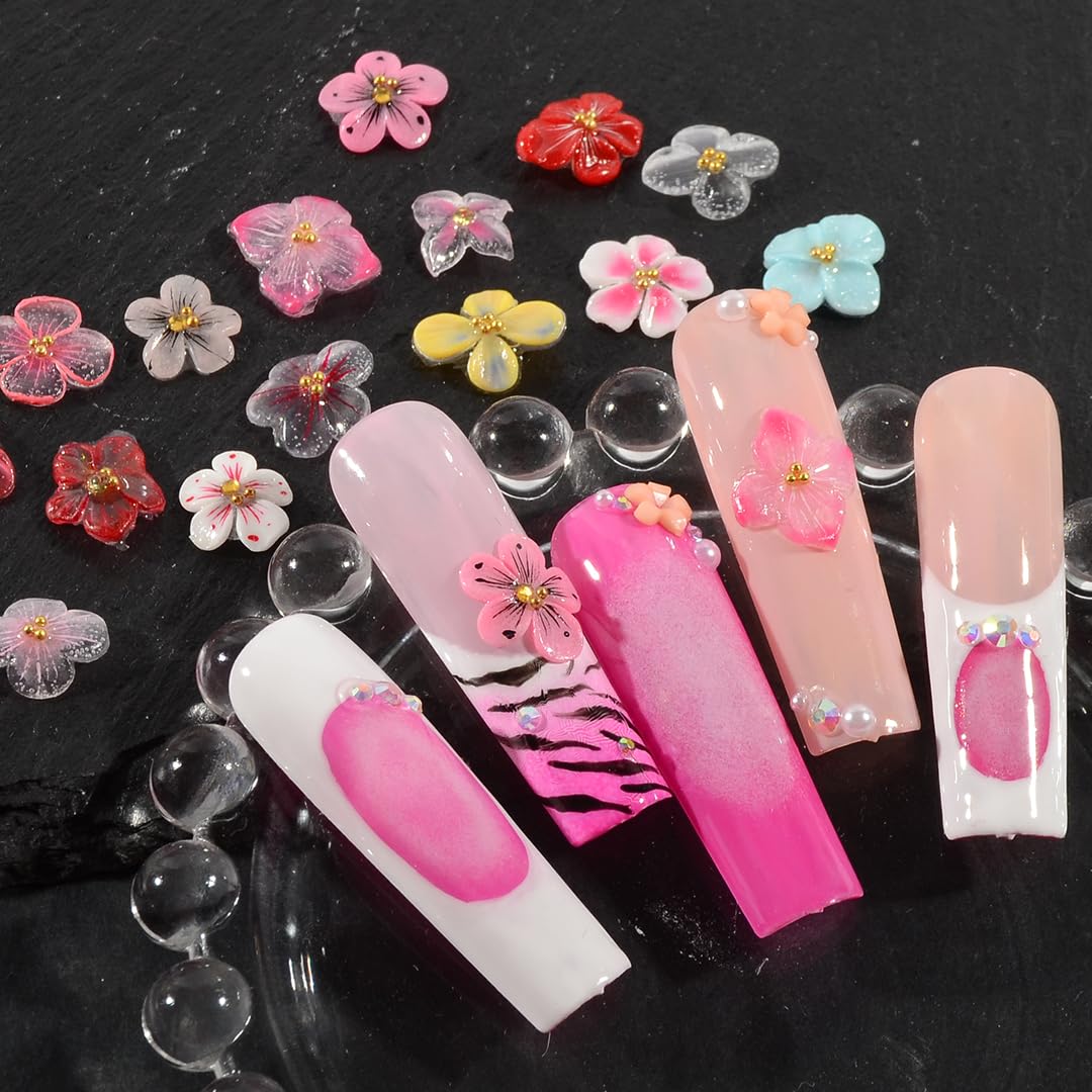 QIMYAR 30PCS/Box Spring Summer Handmade Flower Nail Art Charms Set, 15 Designs Hand Sculpted Acrylic Flowers 3D Cherry Blossom Apricot Nail Art Floral Salon Decoration for Women Girls