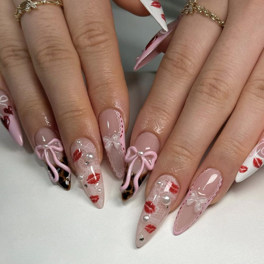 Nude Pink Press on Nails Almond Shaped Artificial Acrylic French Fake Nails 3D Bow with Red Lip Print Pearl Long Design Stick on Nail Glossy Glue on Nail Artificial Fingernails for Women Manicure