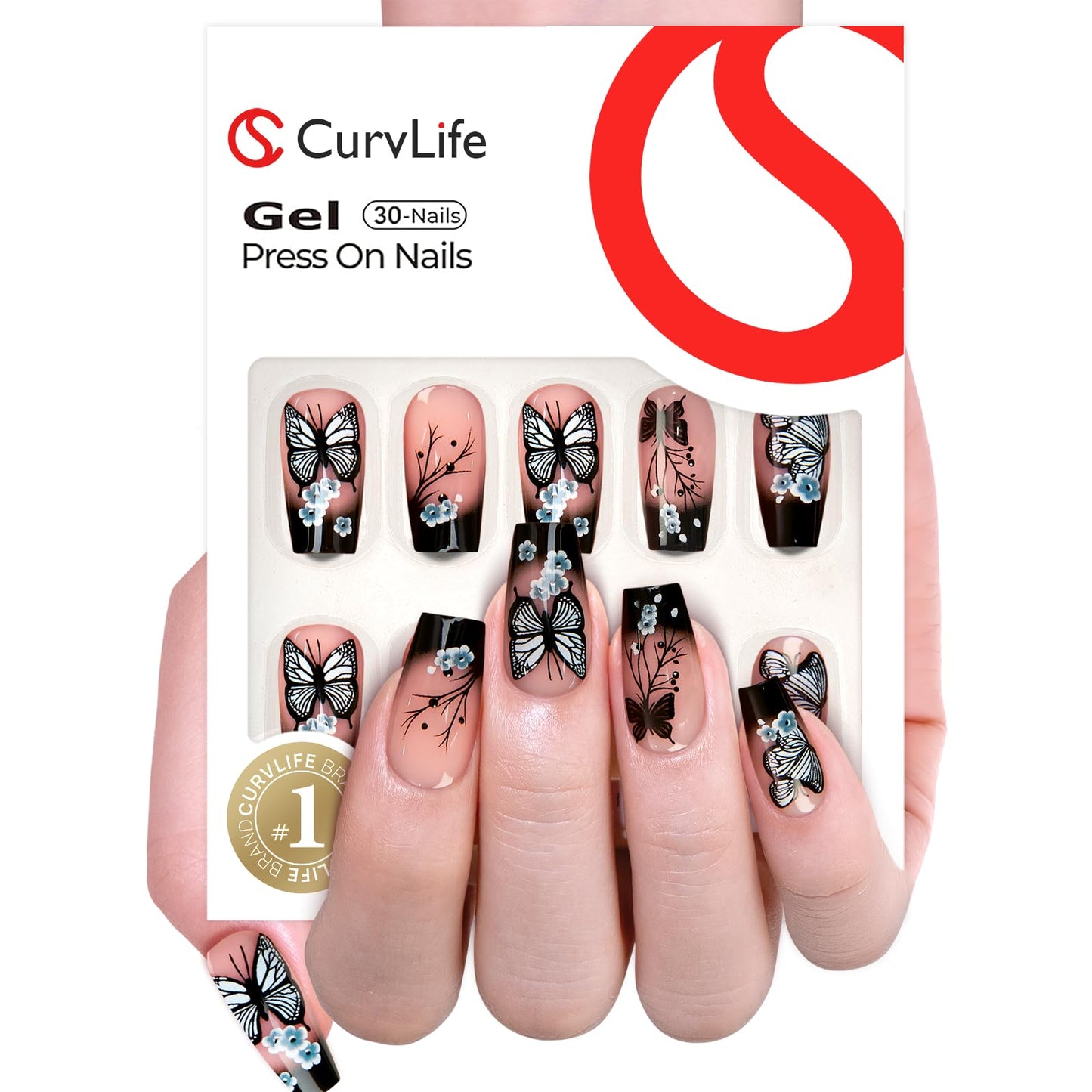 Curvlife 30pcs Press on Nails, Acrylic Fake Nail with Apricot Design, Full Cover False Nails Tips Glossy Nude Glue on Nails Artificial Stick on Nails for Women (black butterfly nails, Medium)