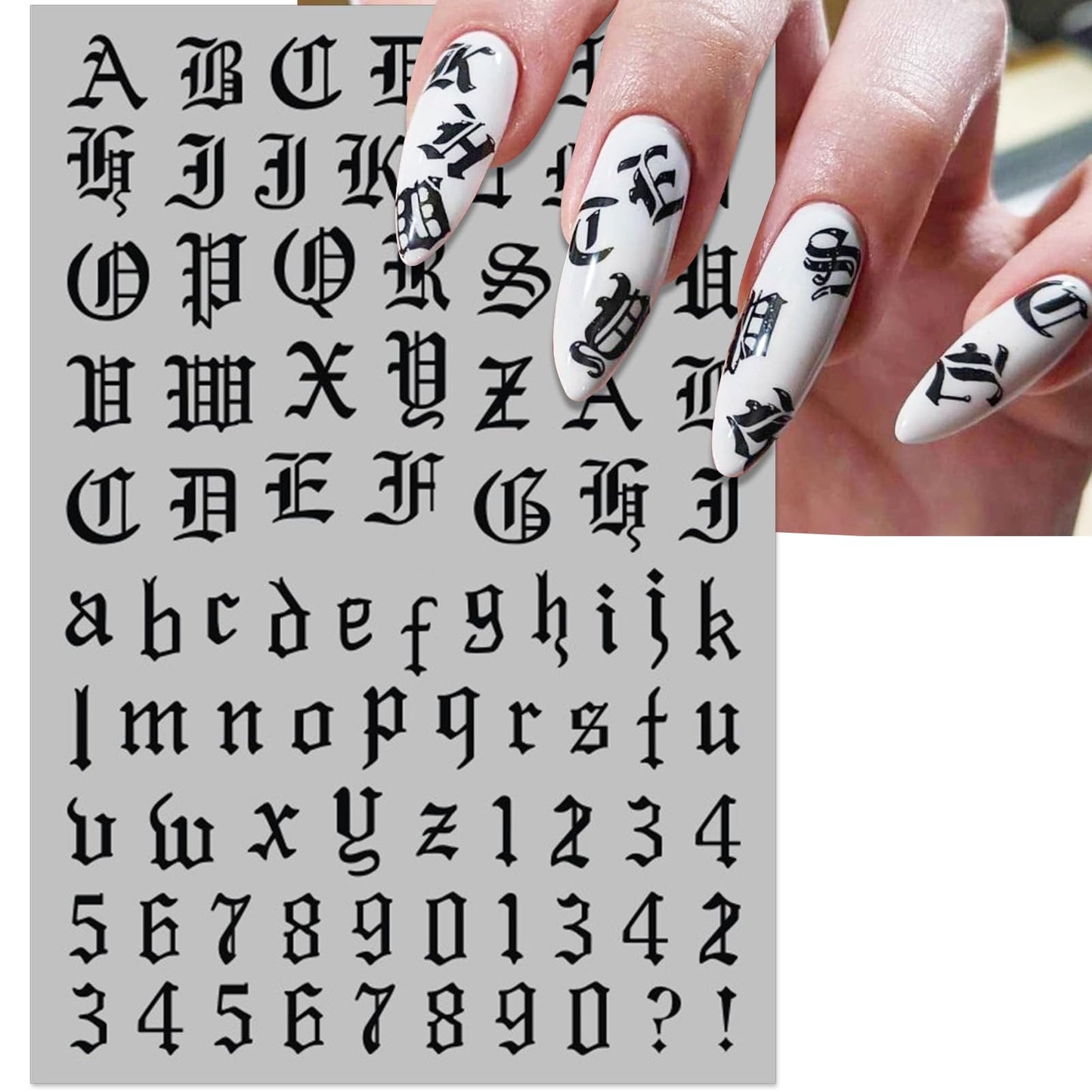 IDDFEVE 10 Sheets Letter Nail Art Stickers - 3D Old English Alphabet Number Nail Decals for DIY Acrylic Manicure Nail Decorations