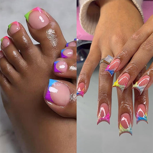 IMRAIN 48Pcs Press on Toe Nails Short Fake Toenails & Medium Duck False Nails with Colorful French Tip Design Glossy Glue on Toe Nails Summer Acrylic Manicure Toenail Press on Nails
