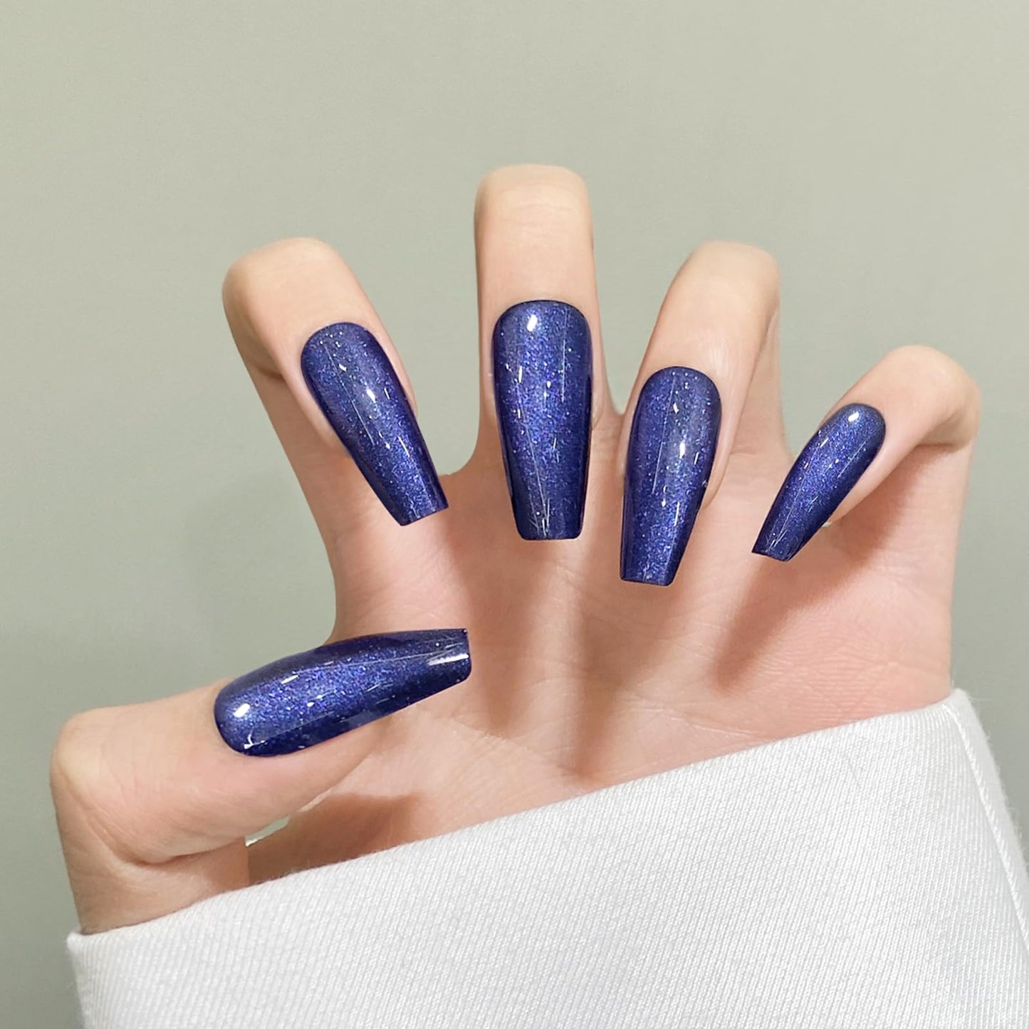 Dark Blue Cat Eyes Press On Nails,12 Sizes - 24 Pcs Soft Gel Blue Medium Coffin Fake Nails Kit with Nail Glue, Natural Reusable Stick On False Nails for Women and Girls SK0999