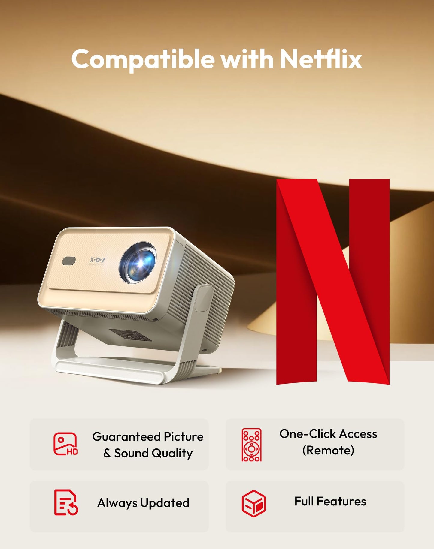 【Compatible with Netflix & Auto Focus】Xgody Gimbal N6 PRO 700 ANSI Native 1080P Smart Projector with WiFi 6 and Bluetooth, 4D Auto Keystone & Voice Controll Portable 4K Support FHD Home Projector