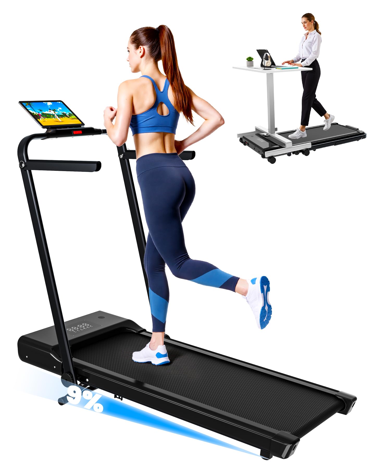DeerRun Foldable Walking Pad Treadmill for Home & Office, Under Desk Walking Pad Treadmill with 9% Manual Incline and Handlebar, 0.6–7.5 MPH, 300 lb Capacity, App & Remote Control