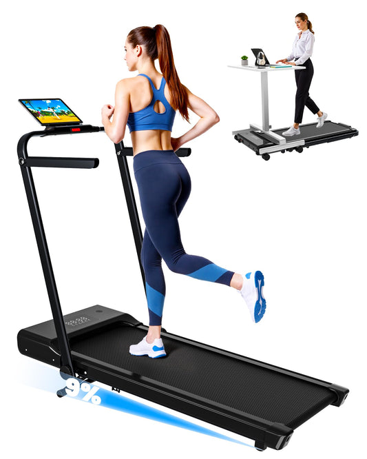 DeerRun Foldable Walking Pad Treadmill for Home & Office, Under Desk Walking Pad Treadmill with 9% Manual Incline and Handlebar, 0.6–7.5 MPH, 300 lb Capacity, App & Remote Control