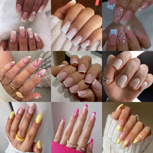 Jsiallye 9 Packs Press on Nails Short, 216Pcs Pink Gradient Press on Nails Square, Glue on Nails for Girl Nail Art, 12 Size of Fake Nails - 9 Styles Nail Kits