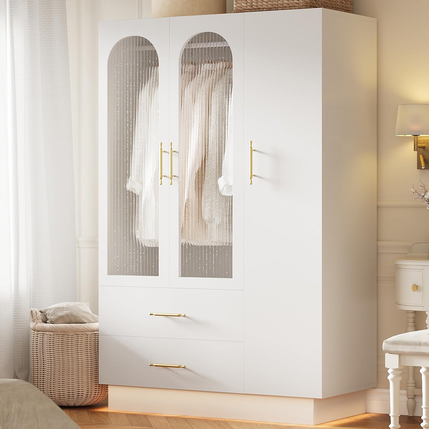 GarveeHome Bedroom Armoire Wardrobe Closet with 3 Doors & 2 Drawers, 71" Tall Wooden Large Armoire Storage Cabinet with Modern Fluted Glass & Shelves, w/Hanging Rod, Sturdy Frame, for Bedroom, White
