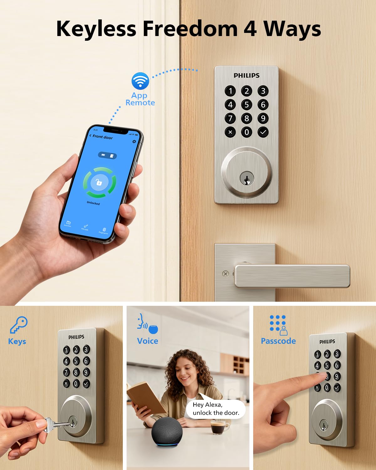 Philips WiFi Smart Door Lock with Handle, Built-in WiFi App Remote Control, Keyless Entry Door Locks for Front Door, Smart Deadbolt Auto Lock, Support Alexa & Google, IP54 Waterproof, Satin Nickel