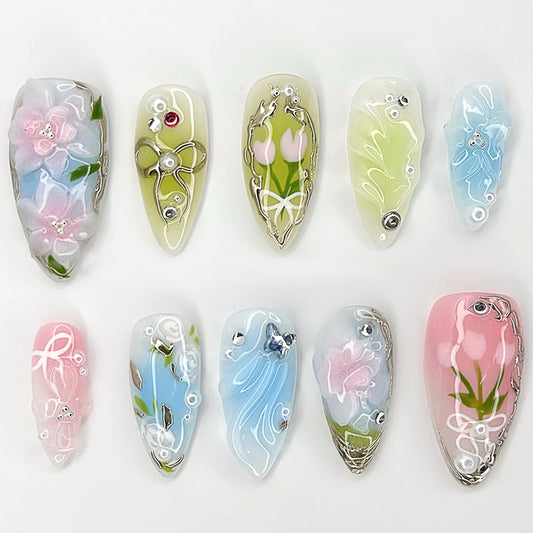30Pcs Medium Almond Press on Nails Flower Fake Nails with 3D Butterfly Rhinestone Design Bow Floral False Nails Chrome Silver French Glue on Nail Glossy Full Cover Spring Summer Acrylic Nail for Women