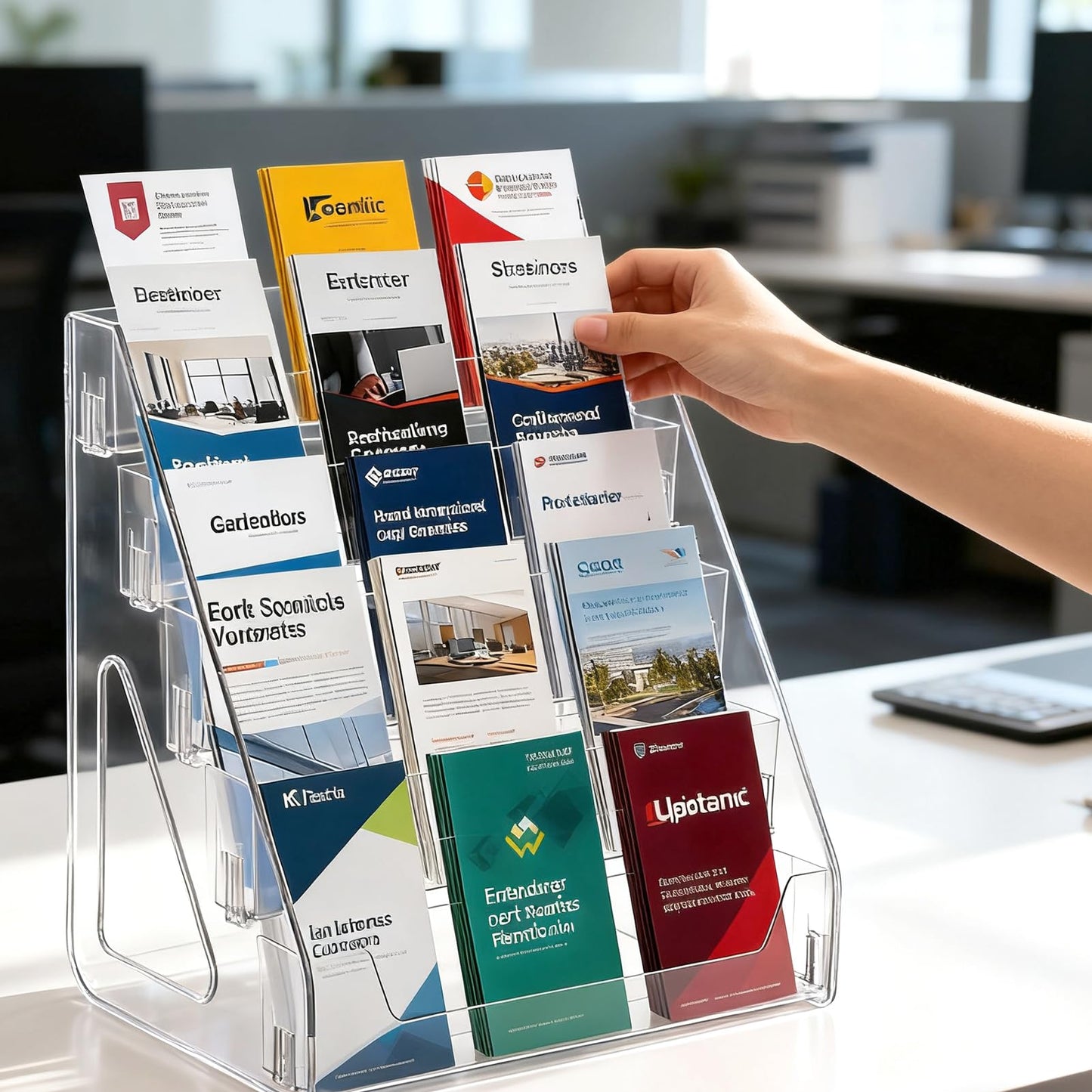 5 Tier Brochure Holder 12x13 Inch Acrylic Literature Display Stand Holds 3 Brochures in One Row Clear Pamphlet Holder Display Stand for Flyers Booklets Table Signs Office Home Store, Pack of 1