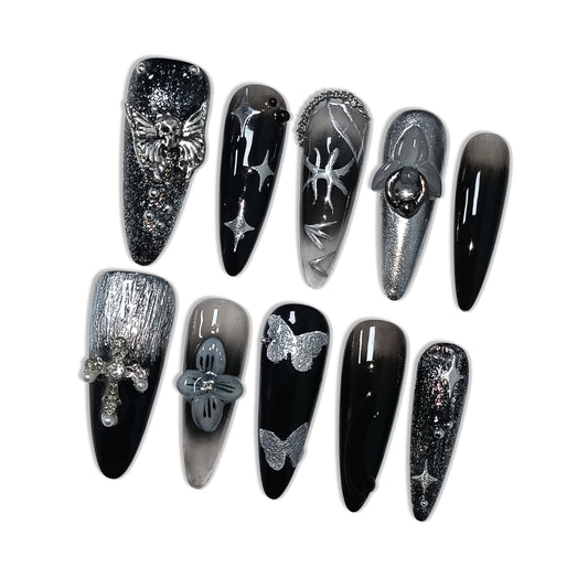 Hantyer Black Press on Nails with 3D Floral Carving, Skull & Cross Charms, Long Stiletto Glossy Punk Fake Nails, Reusable Edgy Gothic False Nails for Women Concert Night Party (Size M)