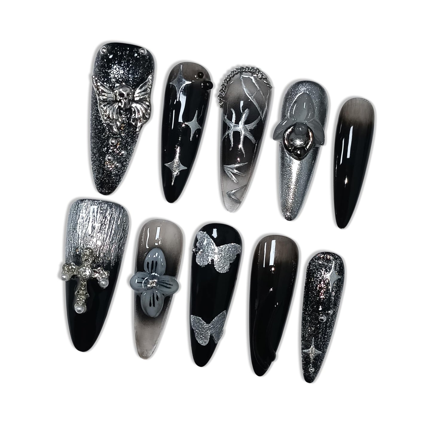 Hantyer Black Press on Nails with 3D Floral Carving, Skull & Cross Charms, Long Stiletto Glossy Punk Fake Nails, Reusable Edgy Gothic False Nails for Women Concert Night Party (Size S)