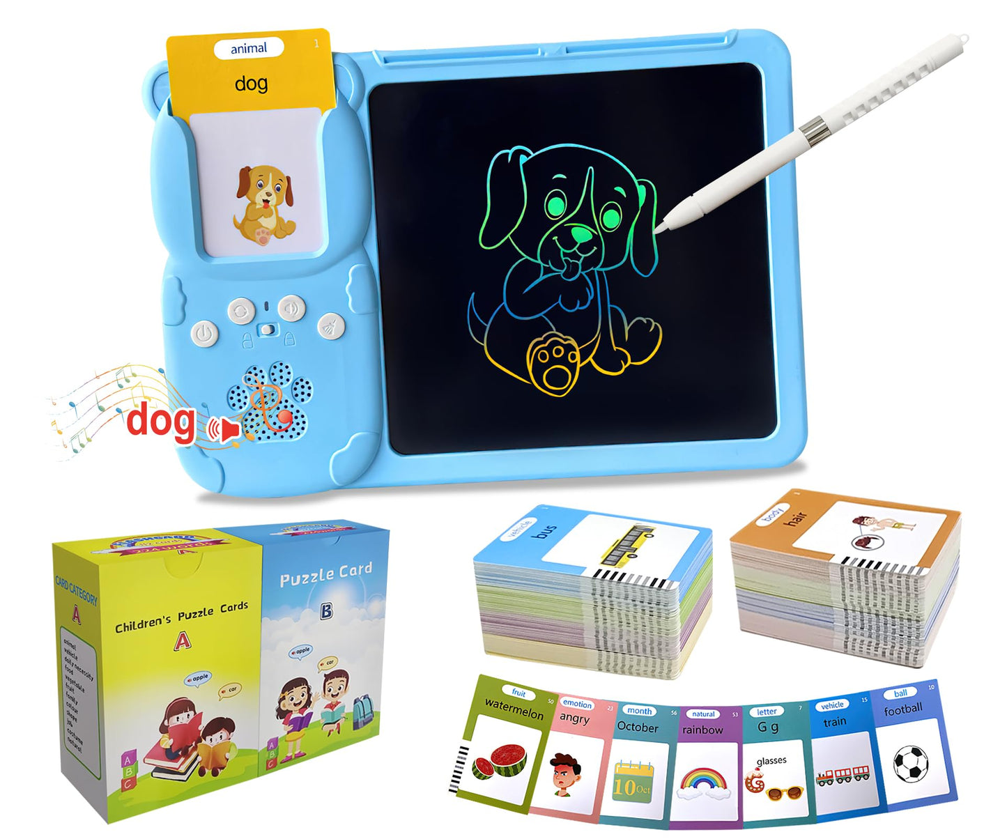 Rylai Toddler Toys Talking Flash Cards, Kindergarten Learning Resources 510 Sight Words with Drawing Tablet for Speaking Doodling, Sensory Toys for Kids with Autism, Boys Girls 2 3 4 5 6, Blue