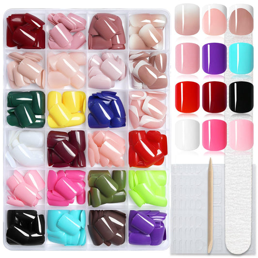 AddFavor Short Square Press on Nails, 576PCS Square Press on Nails Short Fake Nails Full Cover Glossy Nails Press on Acrylic False Nail Tips for Women,24 Colors With Adhesive Tabs