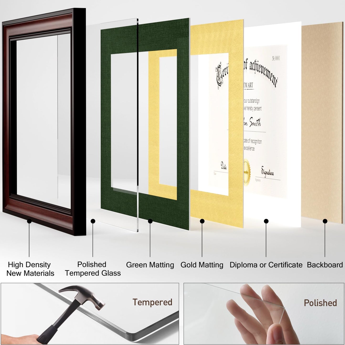 Yaetm 11x14 Diploma Frame, Certificate Frame with Tempered Glass, Display 8.5x11 Document with Dark Green Over Gold Acid-free Mat or 11 x 14 without Mat, Wide Molding (Single, Mahogany/Green)