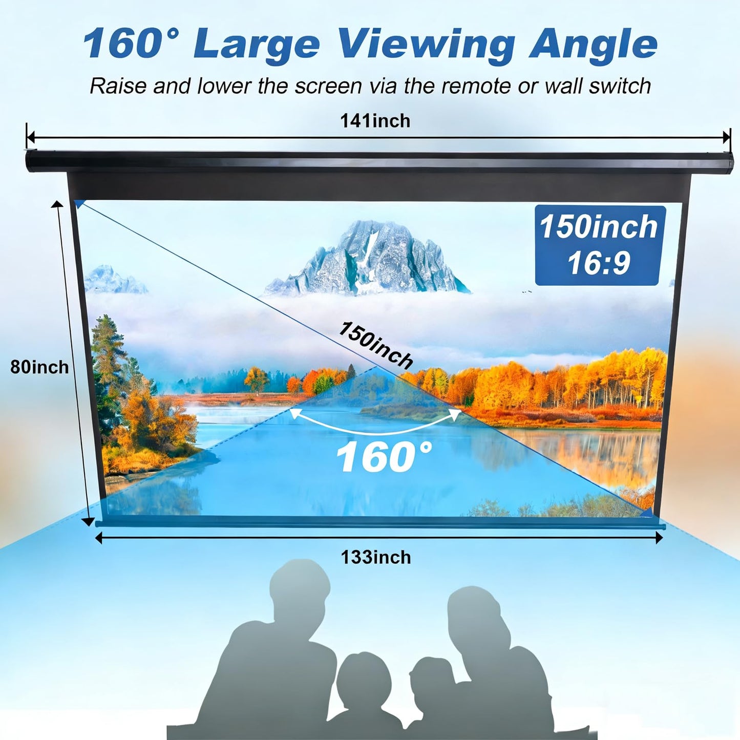 150 Inch Projector Screen Motorized 16:9 HD Electric Rising Projector Screen Pull Down with Remote, Black Automatic Projection Screens Retractable Wall Mount Ceiling Movie Screens Outdoor Indoor