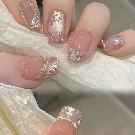 Medium Square Press On Nails - Nude Pearl Flower Design Fake Nails Glossy Finished Reusable False Nails with Glue Tabs - 24Pcs Nail Kit for Women Manicure
