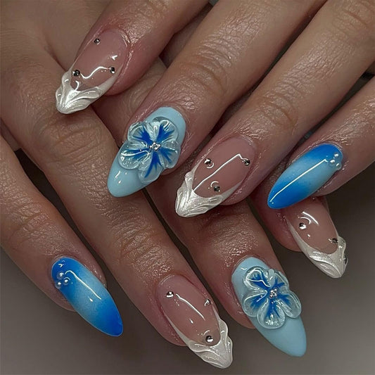 Summer Press on Nails Medium Almond Fake Nails with 3D Floral Rhinestone Design Blue Flower False Nails Press ons White French Artificial Acrylic Stick on Nails for Women Girls Maicure