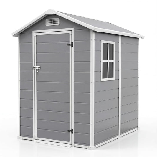 Outdoor Storage Shed with Floor, Plastic Resin Garden Shed with Window & Sloping Roof & Lockable Door for Patio Backyard Garden, Lawn Mower, Bike, Tool Storage (Light Gray, 4' x 6')