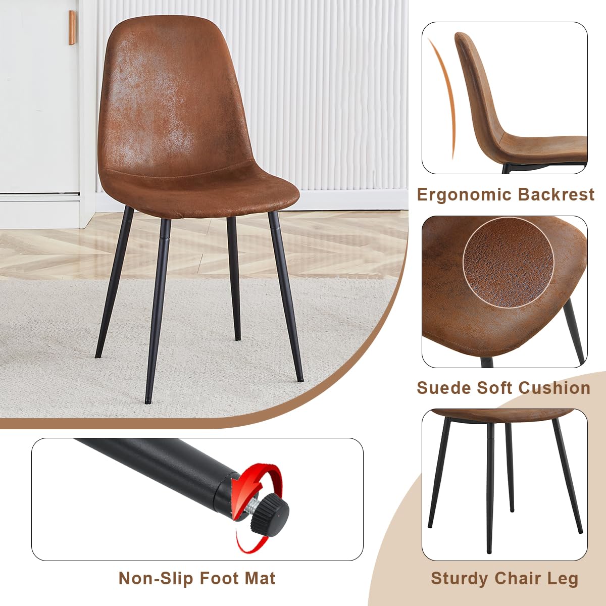 JEARGE 71" Glass Dining Table Set for 6, 7 Piece Dining Table Set,Tempered Glass Table Top with U-Shaped Legs and Fabric Dining Chairs,Ideal for Kitchens, Living Rooms (Brown Chair, 1 Table+6 Chairs)