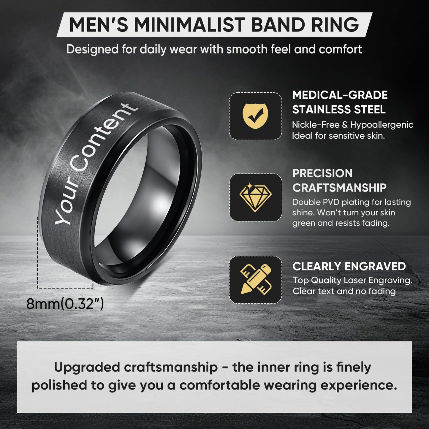 VNOX Customize Personalized Name Date 8MM Stainless Steel Simple Matte Brushed Finish Wedding Band Engagement Rings for Men Dad Husband,Size 10