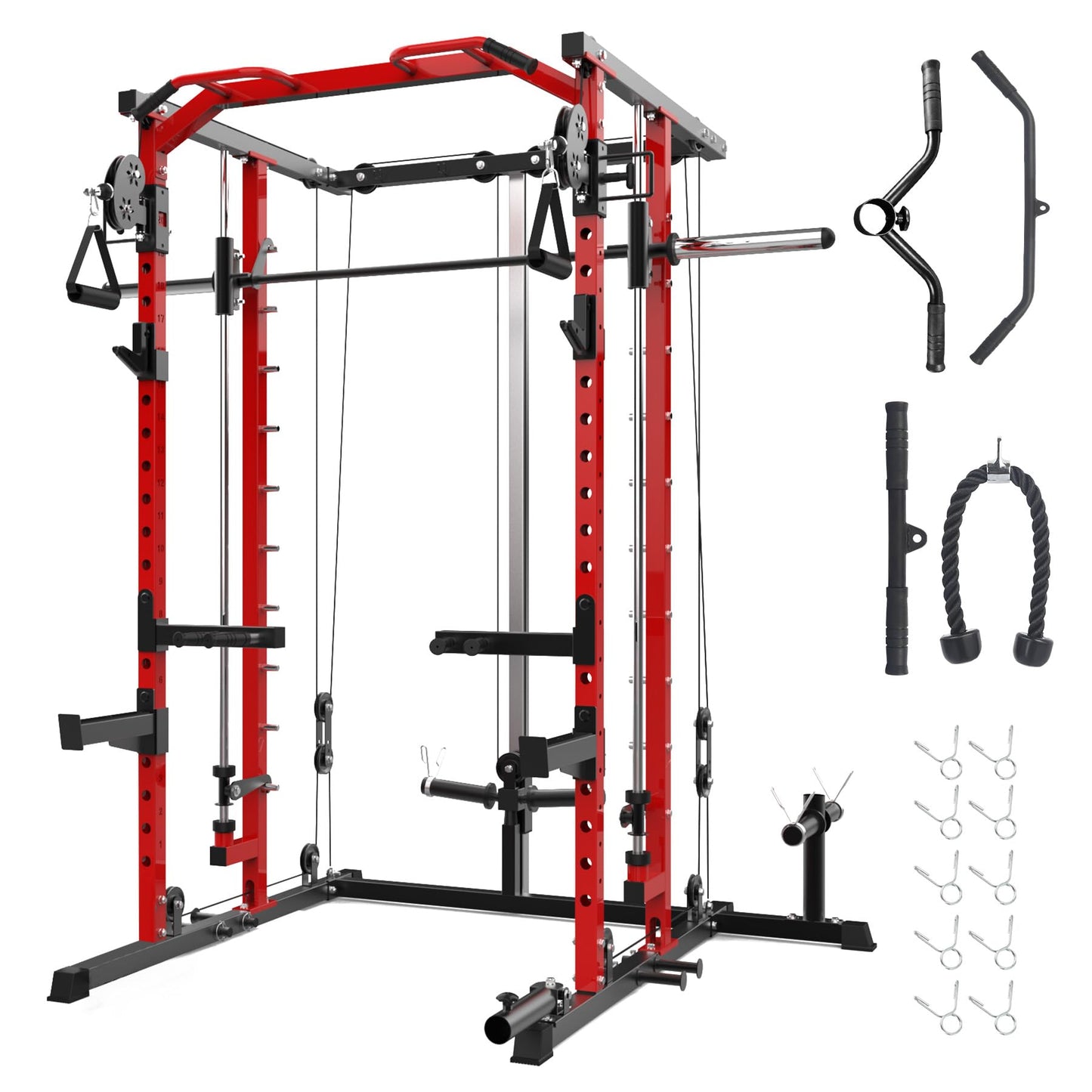 GarveeLife Power Cage, Smith Machine Squat Rack, Heavy Duty Power Rack for Home Gym with Pulley System, Dip Bar, LAT Pulldown, Multifunctional Squat Rack for Home Gym, Red