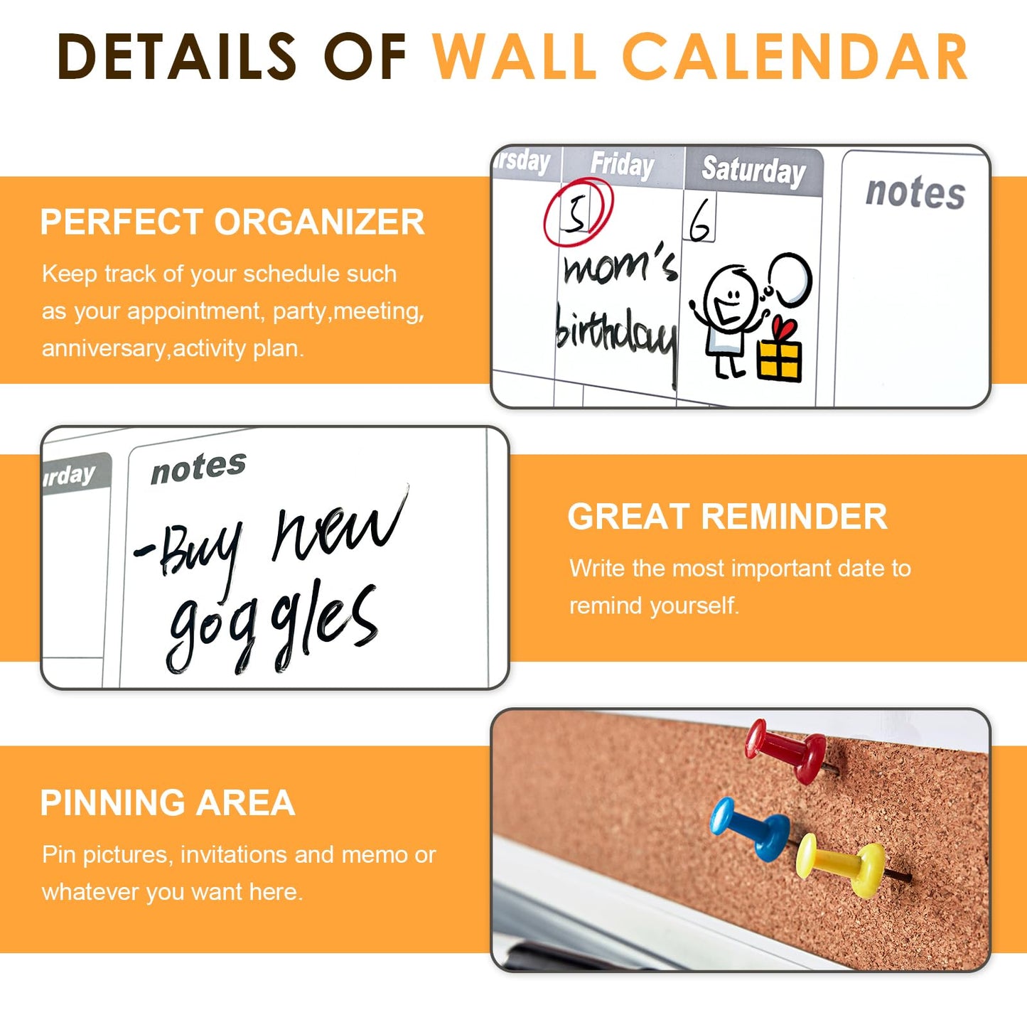MAKELLO Dry Erase Calendar for Wall 24" x 18", Whiteboard Calendard with Cork Board for Office, Home, School, Family, Kitchen and Bedroom