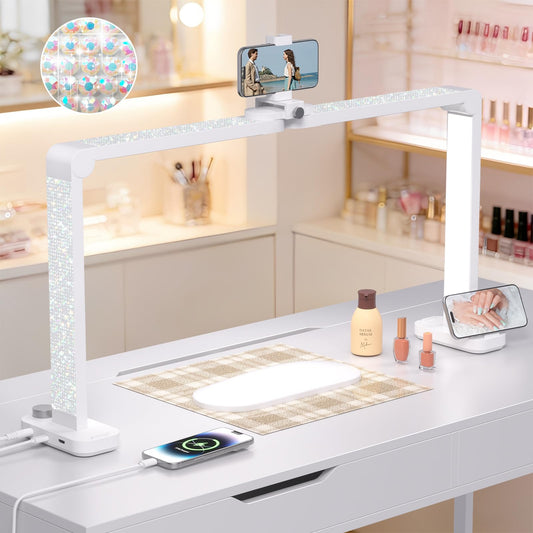 Haosegd Half Moon Light for Nail Desk, 34“ Large Square Nail Lamp for Desk with Phone Holder, Professional Manicurist Desktop Lamp, LED Light Suitable for Manicures, Tattoos, White with Rhinestones