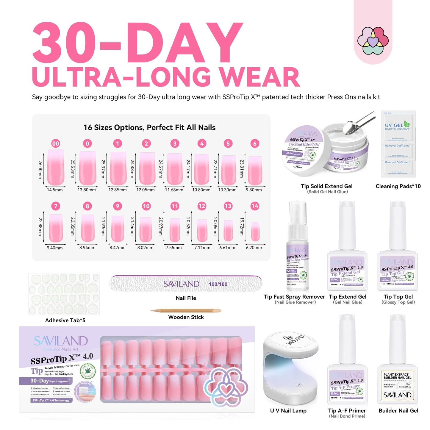 SAVILAND Press On Nails for Women: With Builder Gel for Nails 16 Sizes Long Square French Tip Gel Nail Kit Pink White Ombre U V Nail Glue and Remover Gels Lamp Top Coat and Primer Kit