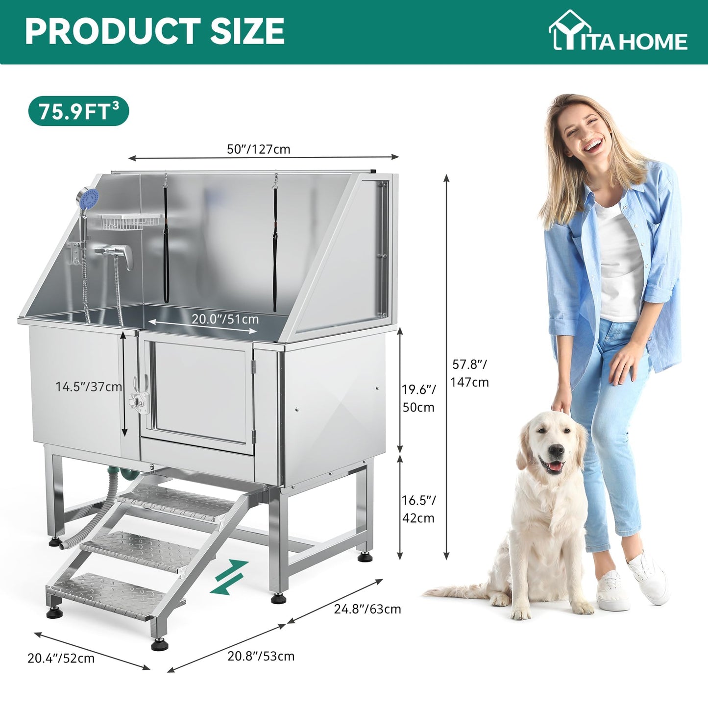 YITAHOME Professional Dog Bathtub 50in, Stainless Steel 304 Pet Grooming Station with Right Door & Floor Grate, Ideal for Large to Small Pets, Indoor & Outdoor Use