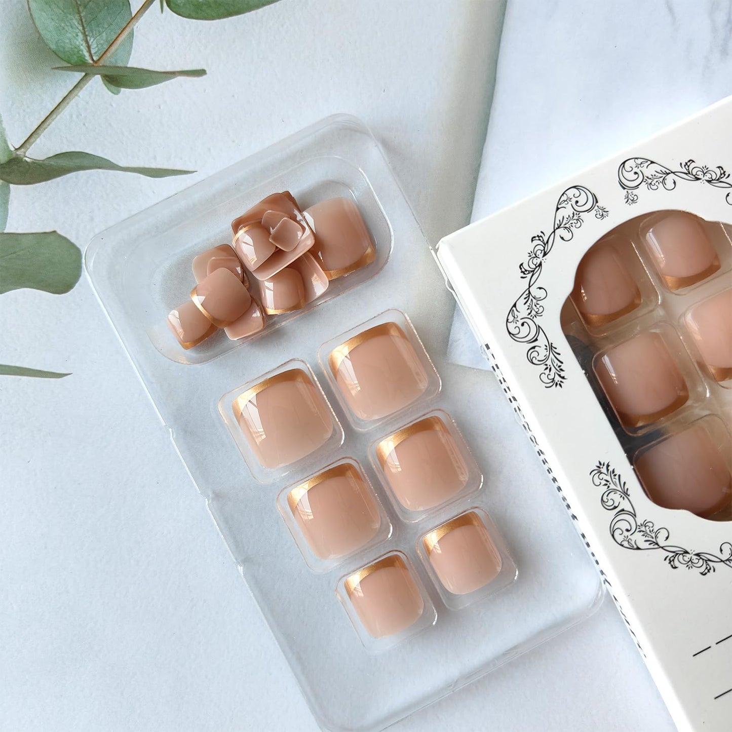 Gold French Tip Press on Toenails Short Square Fake Toe Nails Glossy Acrylic Toe Nail Press ons Reusable Toenails Press on Nails Artificial Glue on Toe Nails for Women 24Pcs