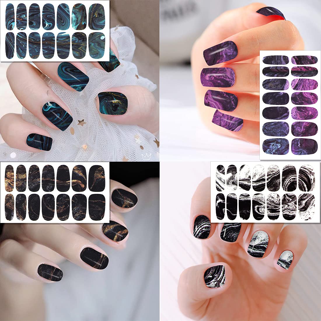 XEAOHESY 30 Sheets Gradient Color Marbled Nail Polish Strips Stickers Self-Adhesive Press On Nail Stickers Full Nail Wraps for Women Nail Art with Nail File