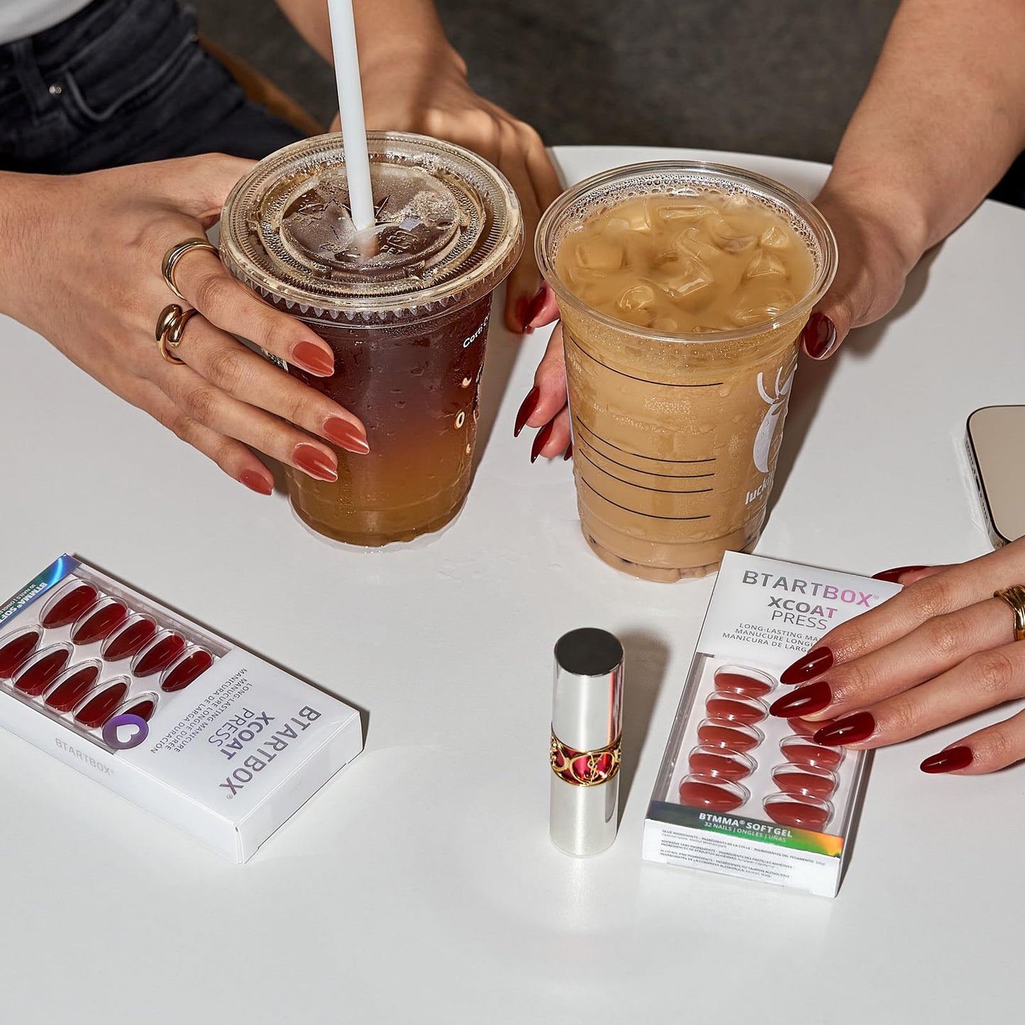 BTArtbox Press On Nails Almond - Lamp-Curable Dark Red Medium Press On Nails with Glue for Women, Semi-Transparent Soft Gel Glue On Nails in 16 Sizes - 32 Stick On Nails Kit, Blackout