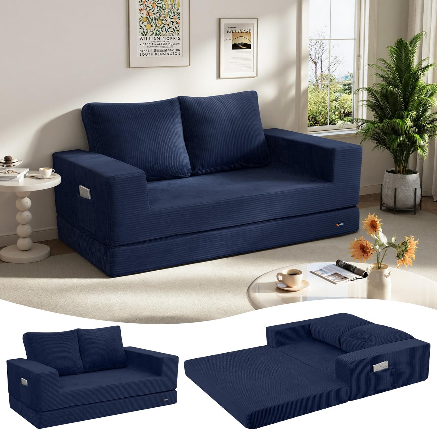 COMAX Convertible Sofa Bed Queen, Folding Fold Out Couch Bed, Floor Futon Couch Corduroy with Back Pillows, Boneless Sofa Comfy Lounge Sleeper Mattress Loveseat for Living Room Bedroom, Navy Blue