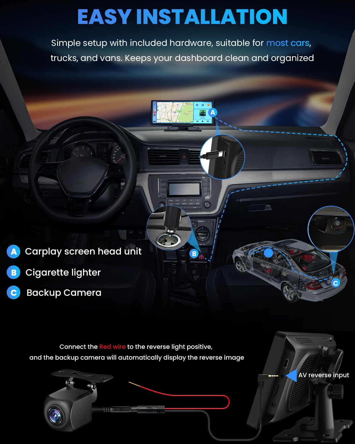 10.26 Inch Wireless CarPlay Screen - 4k Dash Cam Car Play & Android Auto Screen for Car, 1080p Backup Camera, Voice Control Mirror Link Bluetooth GPS Navigation Bluetooth Mirror Link