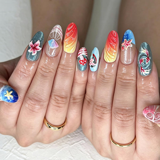 3D Press On Nails Almond Medium Fake Nails with Cat's Eye Embossed Marine Life&Floral French Designs, Acrylic Artificial Nail Press ons False Stick On Nails for Women Girls 30Pcs