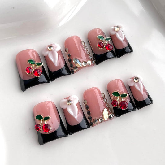 Black French Tip Press on Nails Short Duck Handmade Acrylic Nails 3D Floral Thick Fake Nails with Rhinestones Flower Cherry Designs Elegant Sturdy Art False Press on Nail 10Pcs(S)