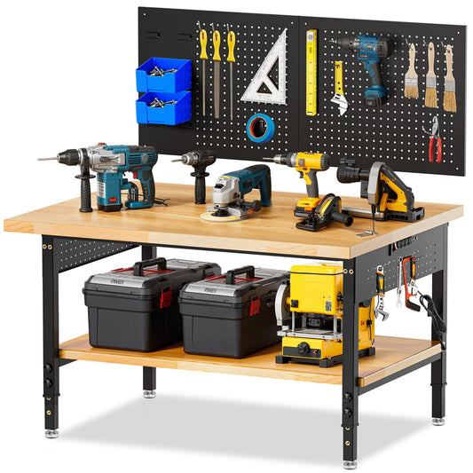 MUWOOD Adjustable Height Work Bench 48×24 Workbench for Garage with Under Table Shelf Heavy Duty Rubber Wood Work Table for Shop Woodworking, Office, Home, Commercial