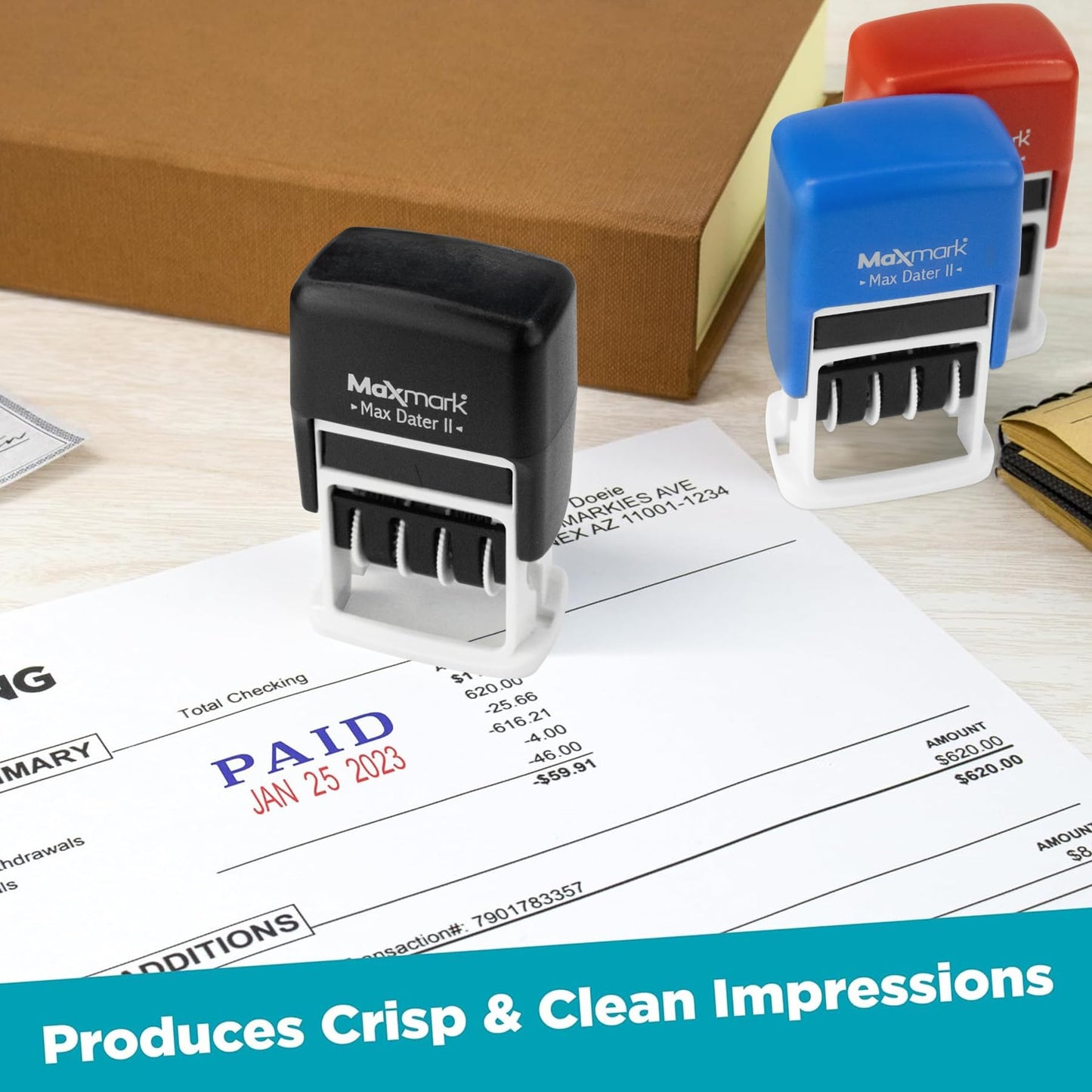 MaxMark Self-Inking Rubber Date Office Stamp with Entered Phrase & Date - Blue Ink (Max Dater II), 12-Year Band