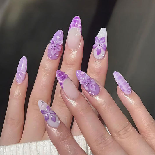FIEONCIY Press on Almond Nails Short Length Glossy Acrylic Almond Shaped False Nails with Designs Artificial Medium Fake Nails with Charms Glue Stick on Fingernails for Women Girls(WSJ2402)