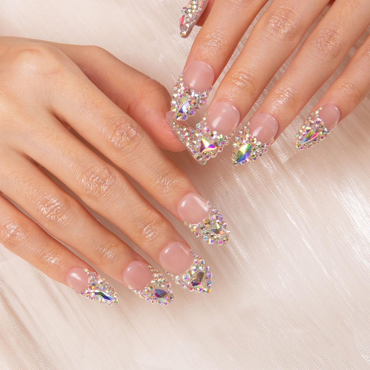 LOVFUL Press on Nails Angel's Tear Rhinestone | Handmade with Full Covered Crystals | Reusable Fake Nails | Almond Regular 1.0 in | H48-S