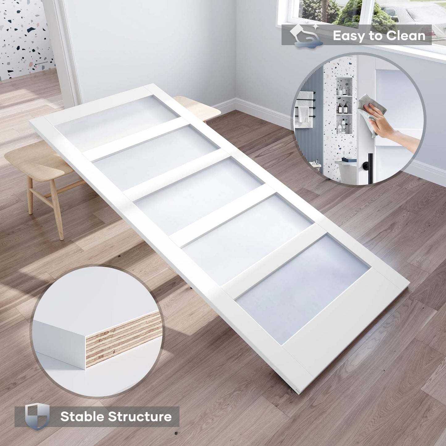 ROYMELO 38x80 Inch Glass Sliding Barn Door Slab and 6.6ft Hardware Kit Included, 5 Frosted Glass, LVL Wood Panel Covered with White Water-Proof Scratch-Proof PVC Surface, Simple DIY Assembly