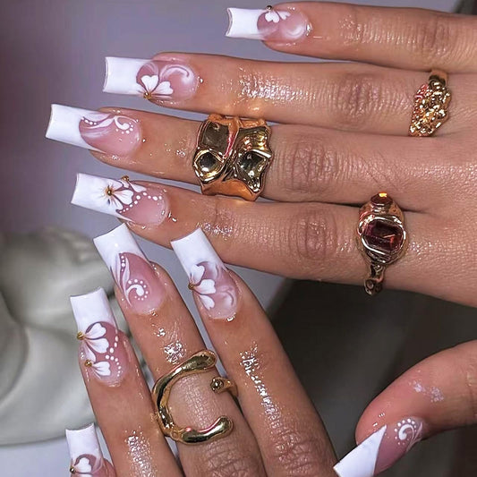 IMSOHOT Press on Nails Long Square Fake Nails White French Tip Glue on Nails with Flower Designs Full Cover Acrylic False Nails for Women Nail Decorations