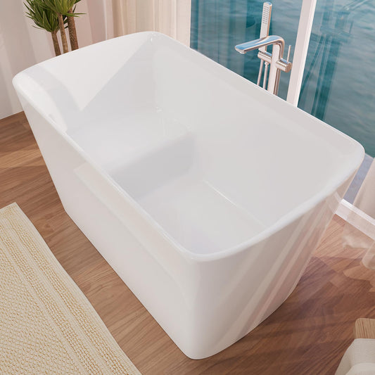Mokleba 47" Lucite Acrylic Freestanding Bathtub，Square Shape Japanese Soaking Tub with Seat Desgin,Toe-tap Chrome Right Drain, Slotted Overflow, cUPC Certified,Glossy White