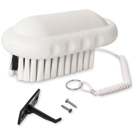 SPARTA 5" Nail Scrub Brush Kit with Firm Polyester Bristles, Polypropylene Handle, Hook and Cord, Bilingual Handwashing Decal, Commercial Use, Plastic, 5 x 2.24 Inches, White (Pack of 6)