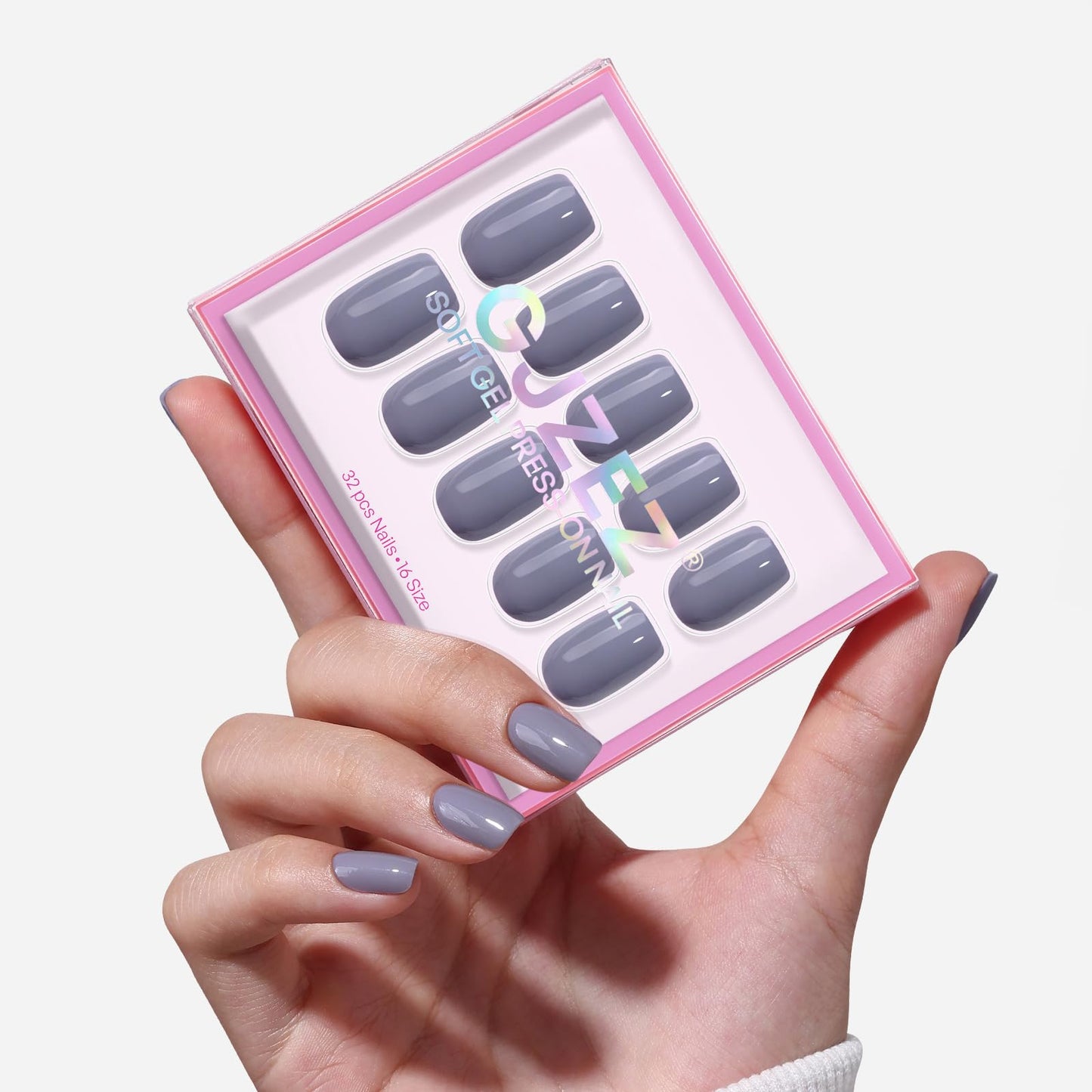 Cool Lavender Grey Press On Nails Square - GJZEZ Soft Gel Lilac Orchid Color Glossy Nail Press Ons Medium Fake Nail, Opaque Reusable Stick On Nail, 16 Sizes - 32Pcs, Glue On Nails, Fog Purple