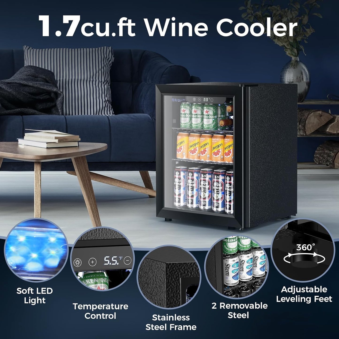Electactic 1.7 Cu.ft Beverage Refrigerator Cooler, 68 Can Mini Fridge Glass Door with Adjustable Shelves, Digital Temperature Display, Freestanding Small Drink Fridge for Home, Office or Bar(Black)