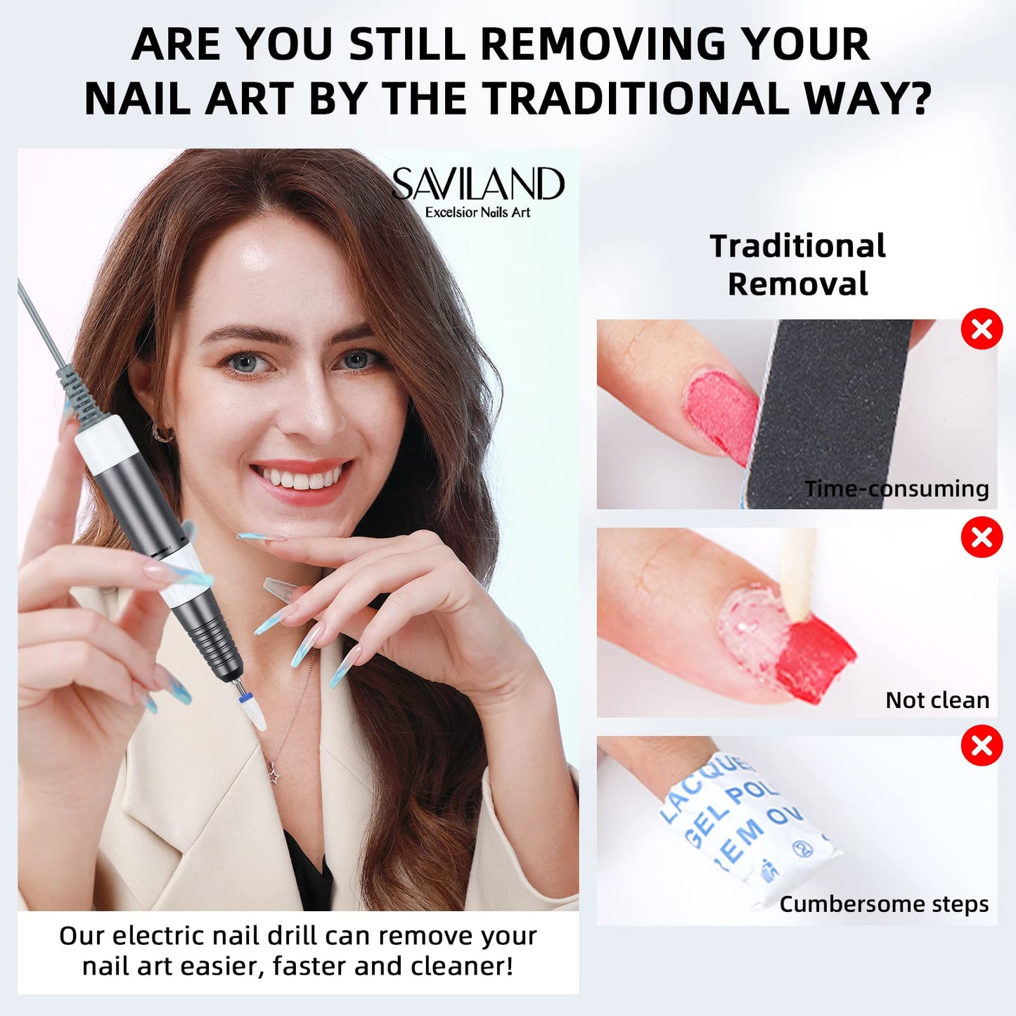 SAVILAND Electric Nail Drill 35000RPM: High Speed Portable Nail Drill Machine Nail File with Ceramic Corn Bit USB Rechargeable for Acrylic Gel Nails Removal Manicure Pedicure Kit for Home Salon White